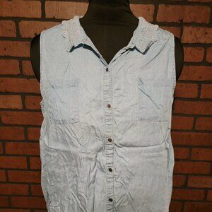 Lauren Conrad Denim Sleeveless Top with Embroidered Collar. Size XL
